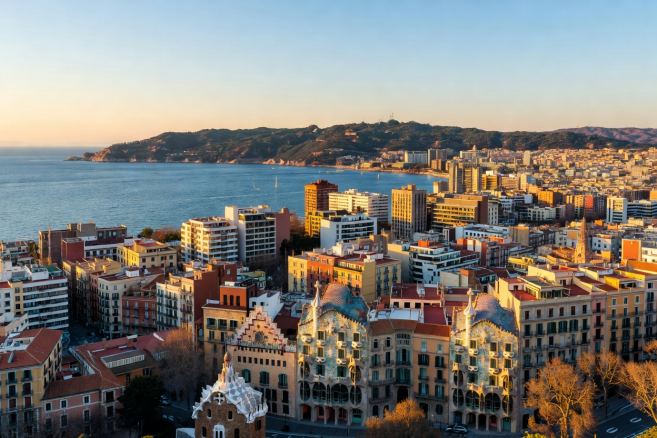 Barcelona urban skyline overlooking Mediterranean architecture and hills