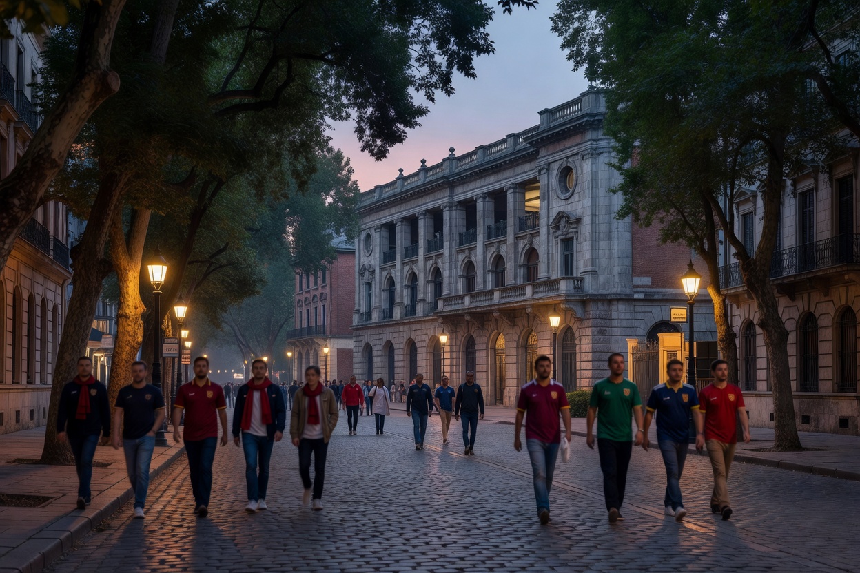 Cinematic dusk atmosphere outside a classic European football stadium with supporters walking along urban tree-lined approach boulevards