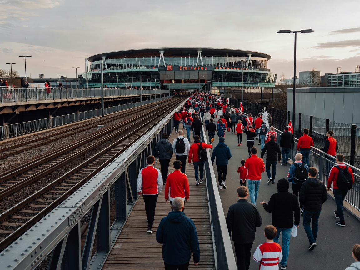 Emirates Stadium matchday approach via North London railway bridge