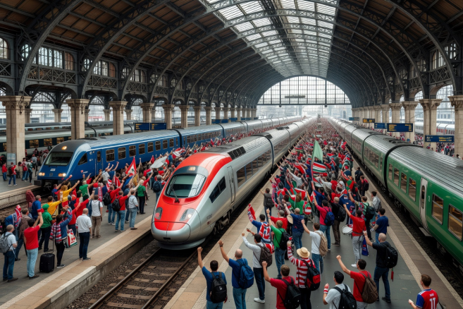 European train station transit hub with trains departing on matchday