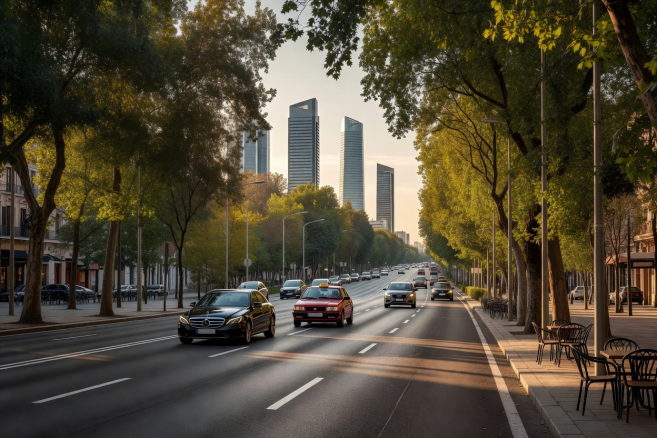 Urban avenue Paseo de la Castellana in Madrid with modern stadium architectural facade bathed in late afternoon golden light