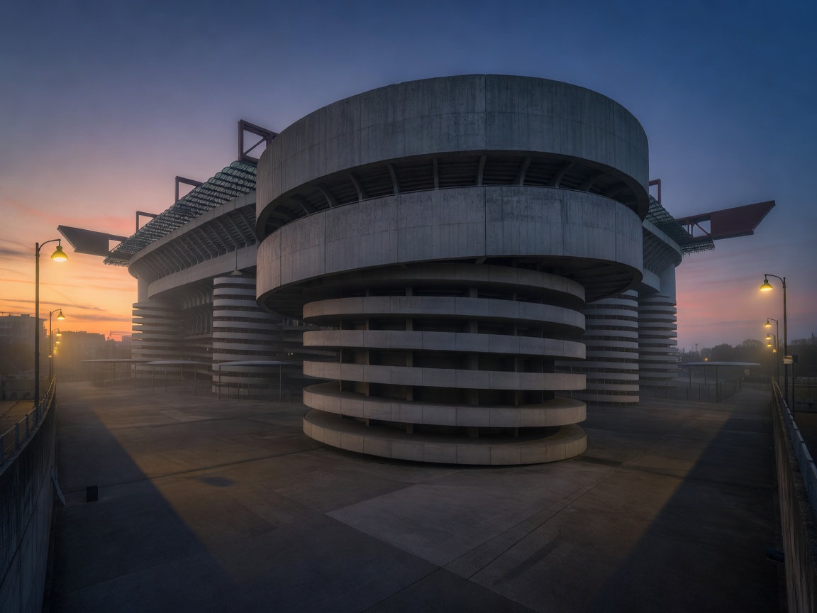 San Siro iconic cylindrical concrete ramps and dusk atmosphere