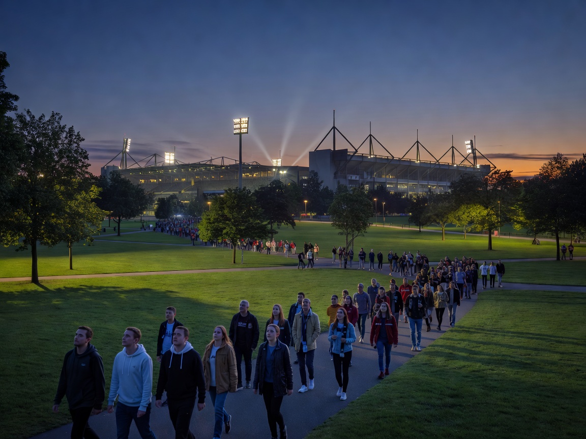 Signal Iduna Park approach through Westfalenhallen park with evening matchday floodlights